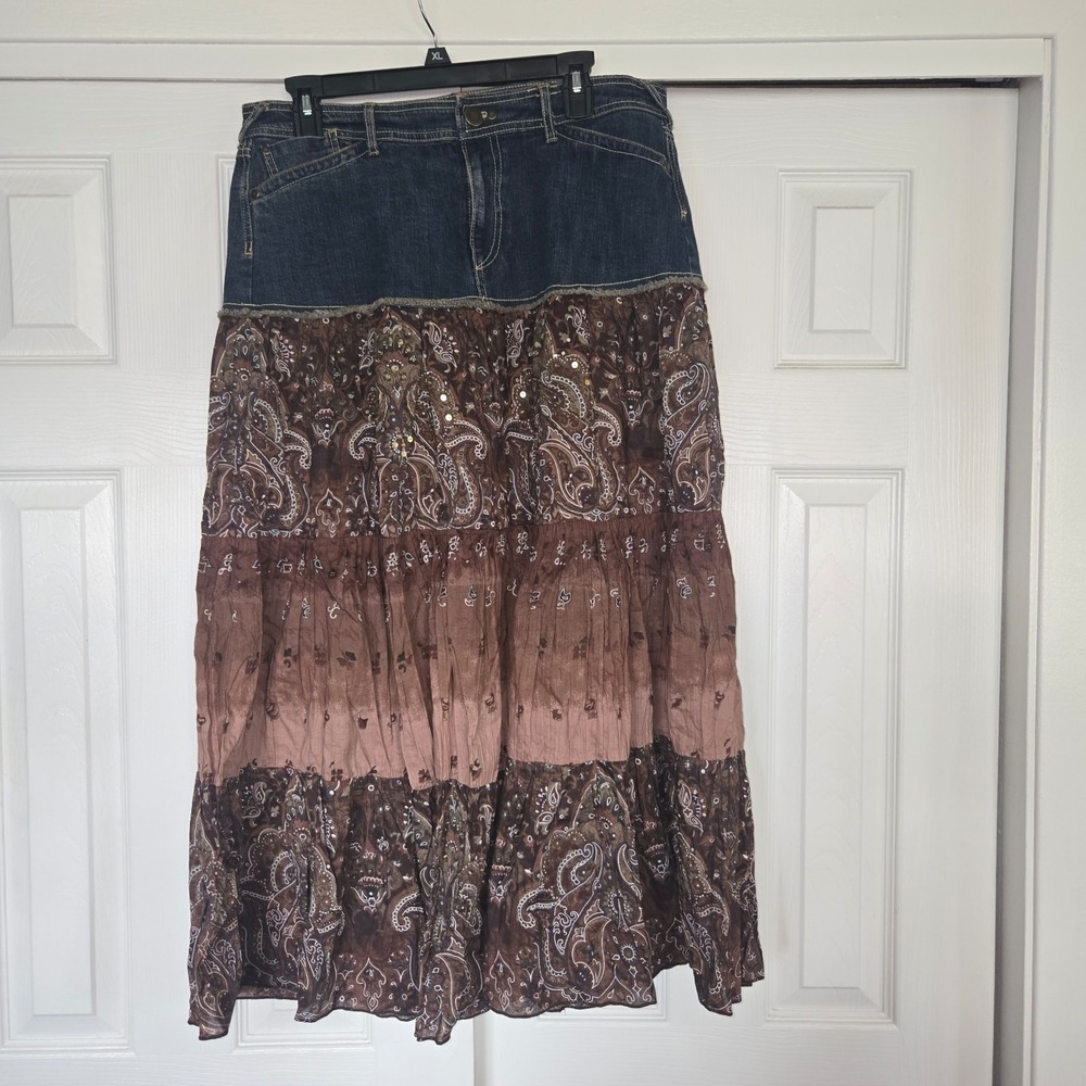 Vintage Y2K Boho Denim Western Skirt Sequins Ruffhewn 14